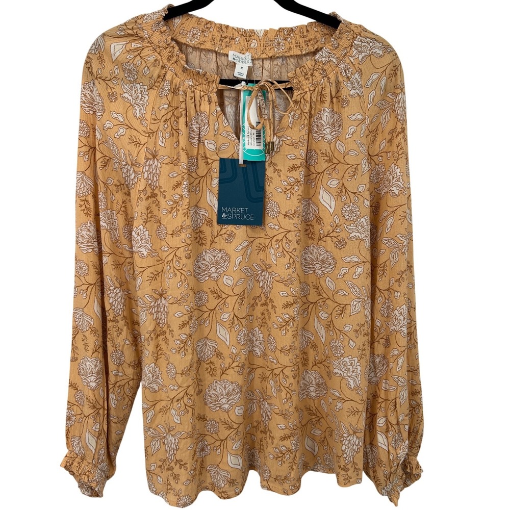 Market & Spruce Morgana Blouse Orange Floral Long Sleeve Tassel Tie Rayon Top M‎